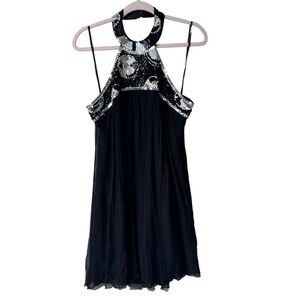 Vintage NINA AUSTIN Black Silk Chiffon Sequin Halter Shift Mini Dress Women's L